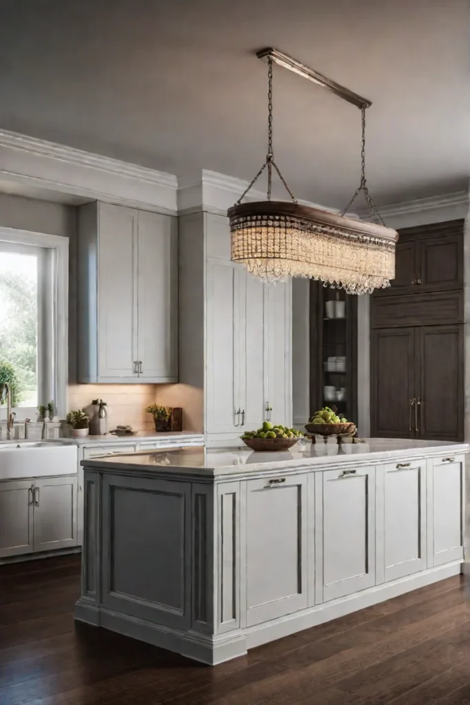 Traditional kitchen with a central island illuminated by a chandelier