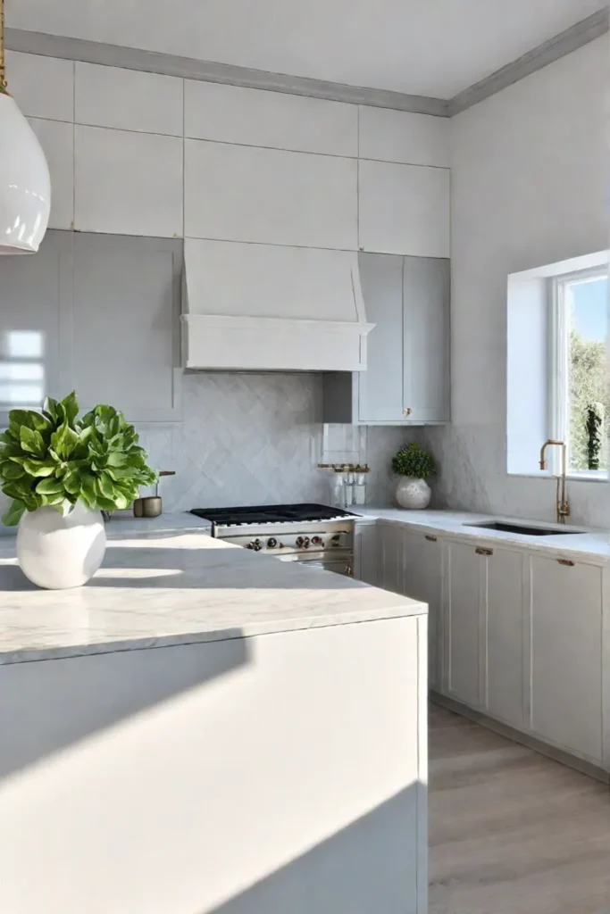 Traditional kitchen with a quartz countertop that blends seamlessly with the neutral