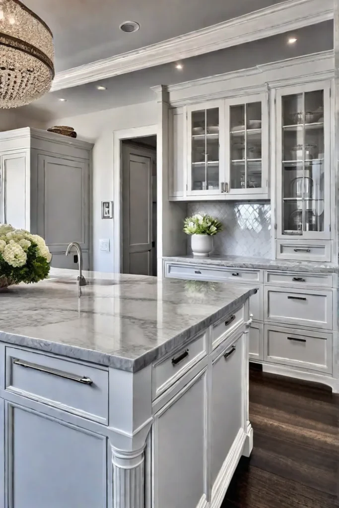 Traditional kitchen island with nickel hardware