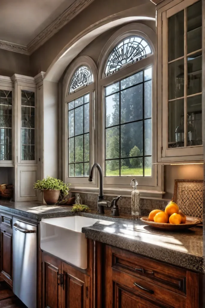 Traditional white kitchen cabinets with intricate details bathed in sunlight