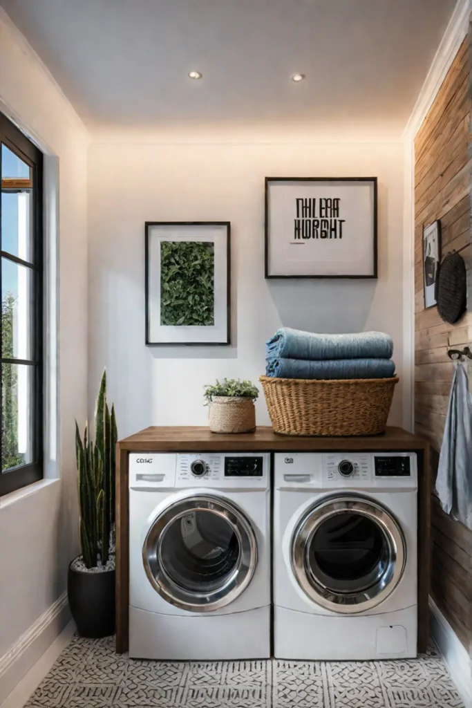Wallmounted shelf with laundry supplies above a sorting hamper