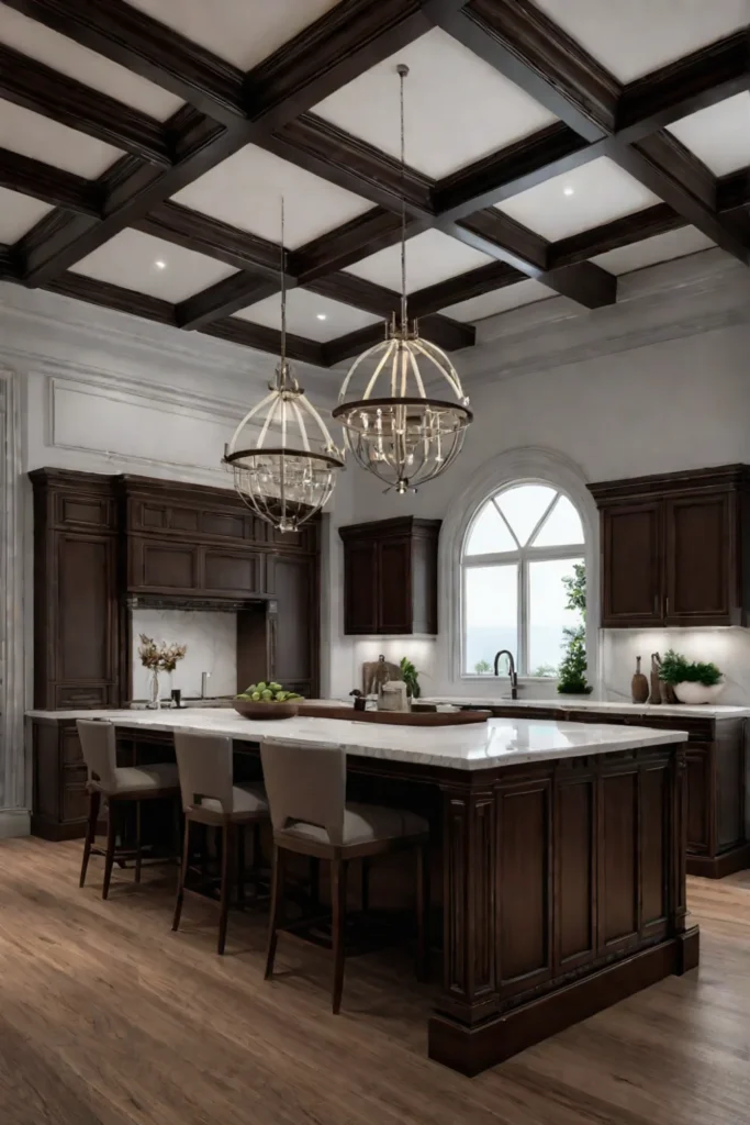 Walnut kitchen with coffered ceilings
