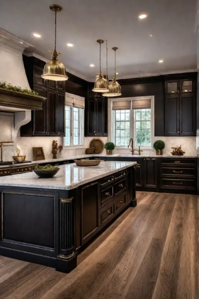 Warm and inviting kitchen featuring classic dark wood cabinets with vintage charm