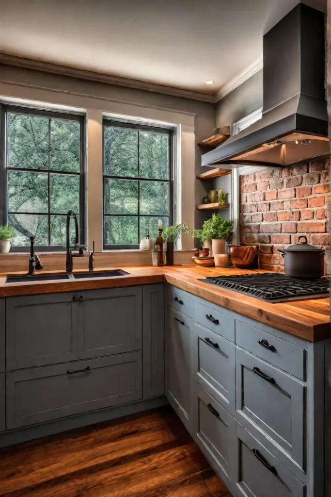 Warm and inviting kitchen with wood cabinets and brick backsplash