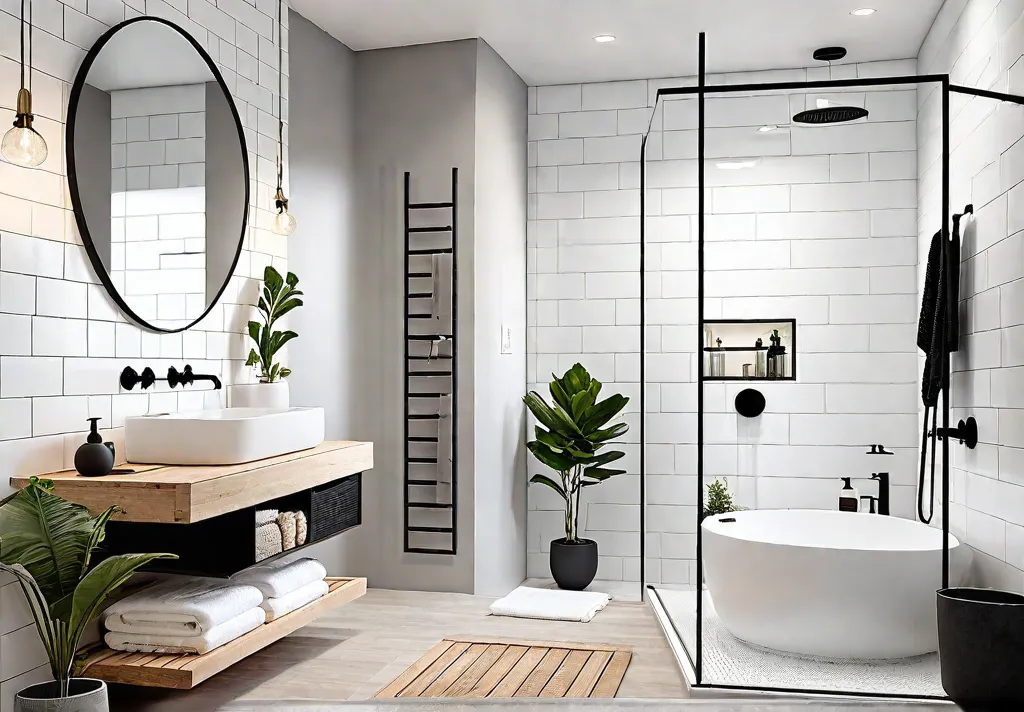 A Scandinavian bathroom with light wood accents featuring a floating vanity withfeat