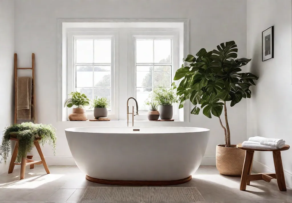 A Scandinavian bathroom with white walls a freestanding bathtub next to afeat