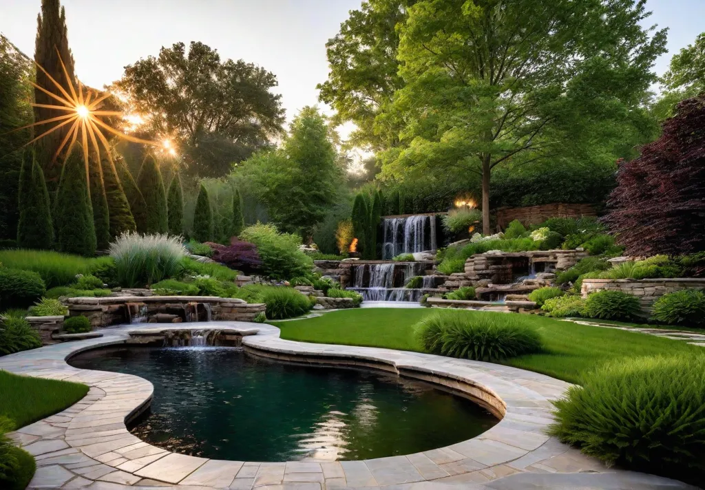 A breathtaking backyard oasis featuring a natural stone patio with intricate patternsfeat