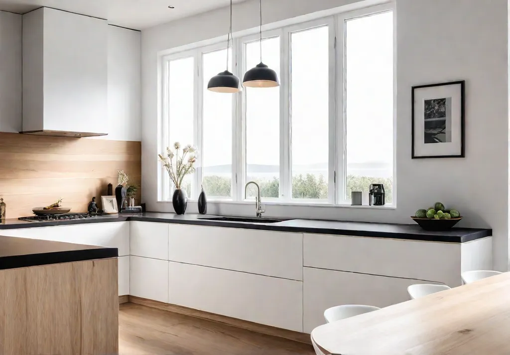 A bright airy kitchen with white walls light wood floors and minimalistfeat