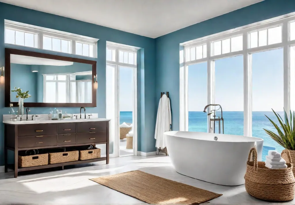 A bright and airy bathroom with large windows offering a view offeat