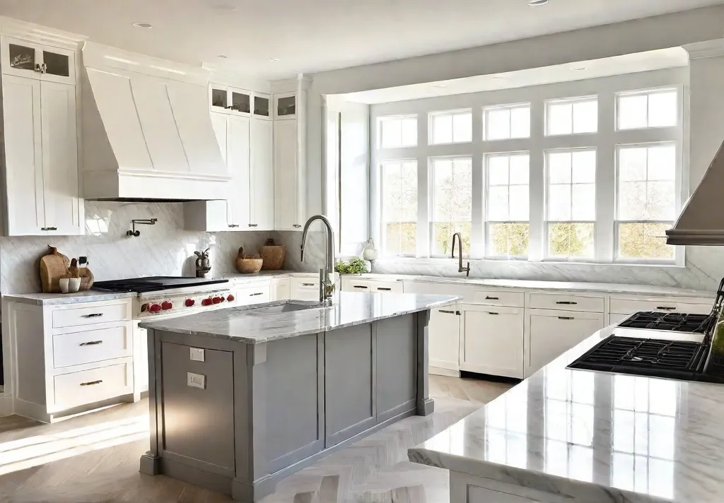 A bright and airy kitchen featuring classic white shaker cabinets marble countertopsfeat