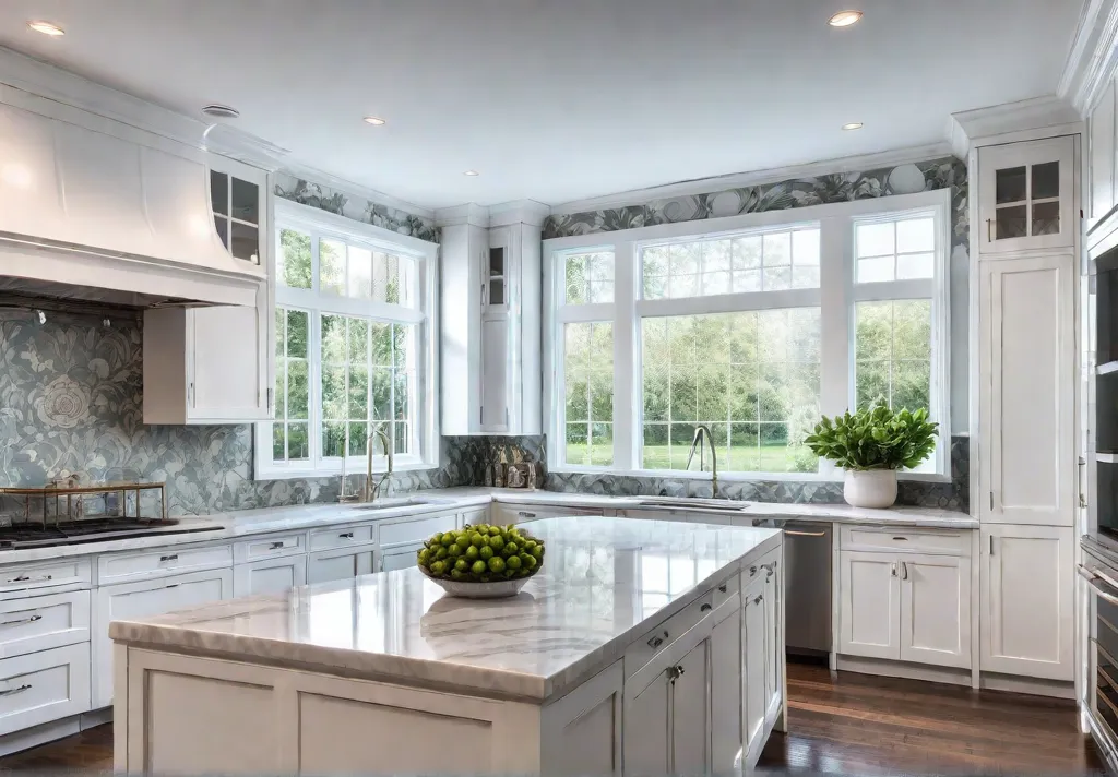 A bright and airy kitchen with large windows showcasing a lush gardenfeat