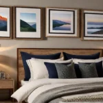 A captivating gallery wall in a serene bedroom featuring a mix offeat