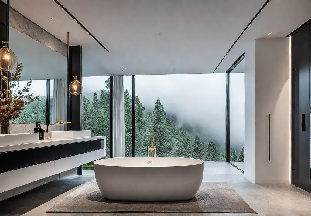 A luxurious bathroom with a freestanding bathtub elegant sconces flanking a largefeat