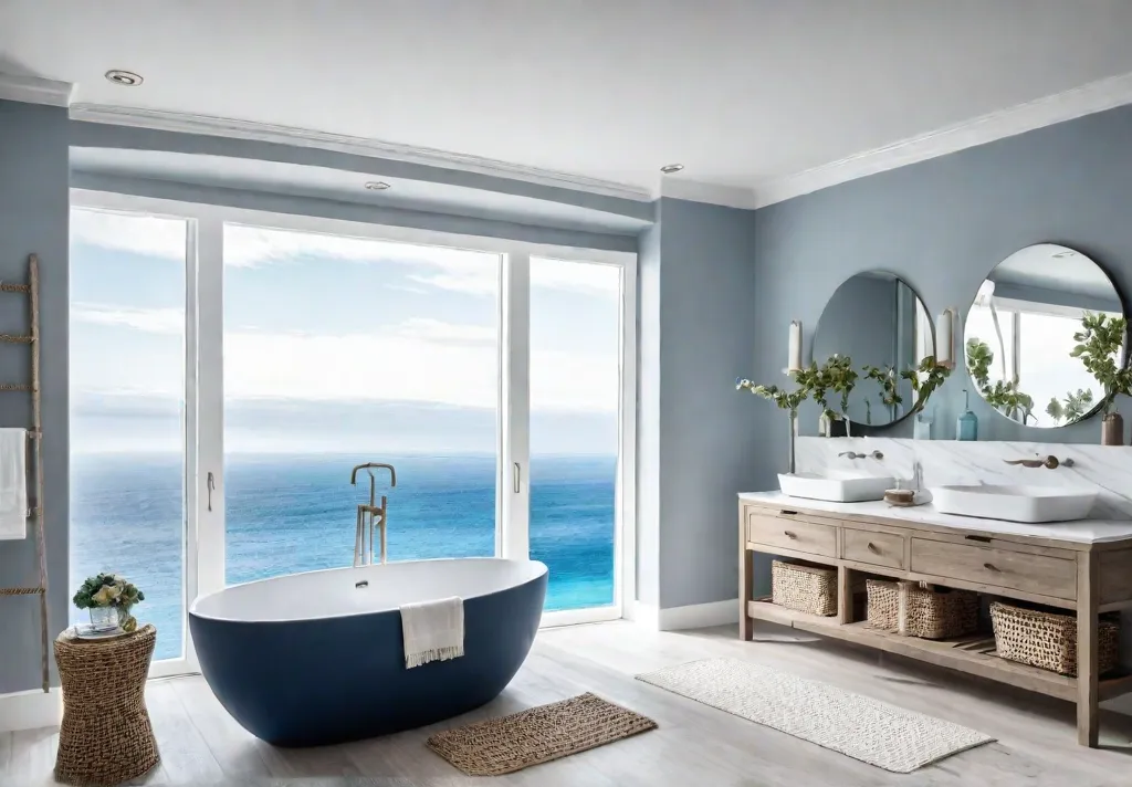 A luxurious coastal bathroom flooded with natural light featuring whitewashed wood linenfeat