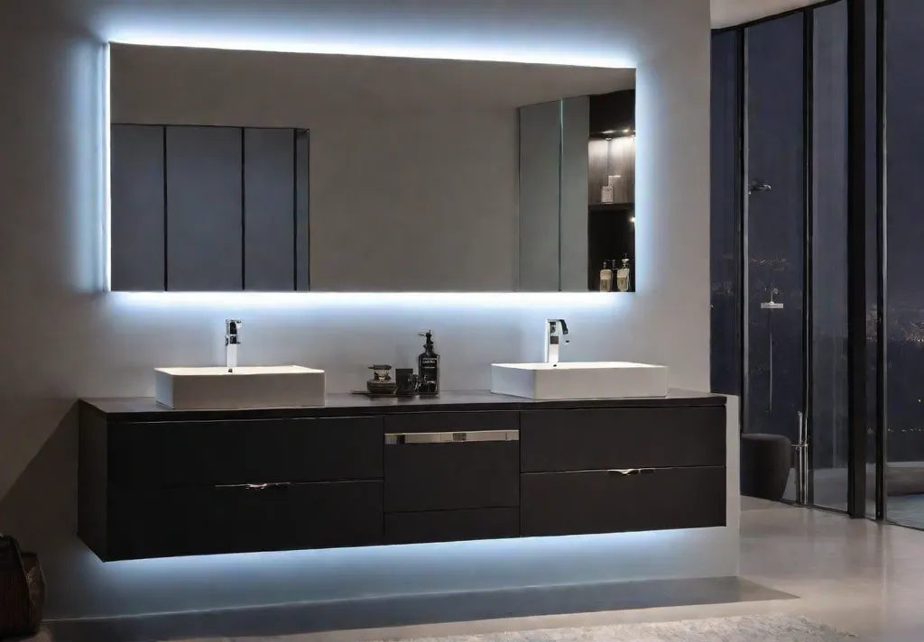 A modern bathroom vanity illuminated by warm ambient lighting creating a relaxingfeat