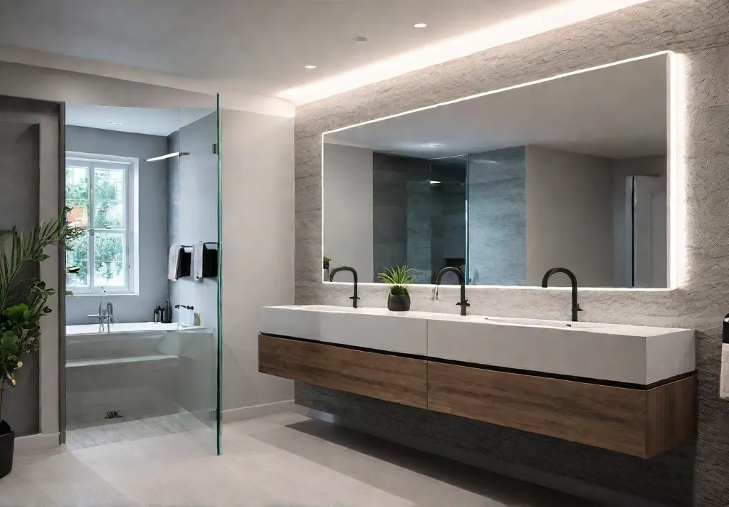 A modern bathroom with a sleek vanity featuring bright LED vanity lightsfeat
