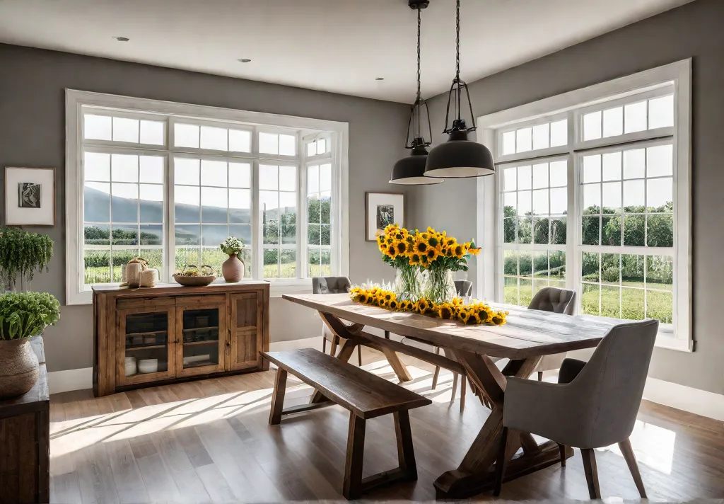 A modern farmhouse kitchen with a large wooden dining table On thefeat