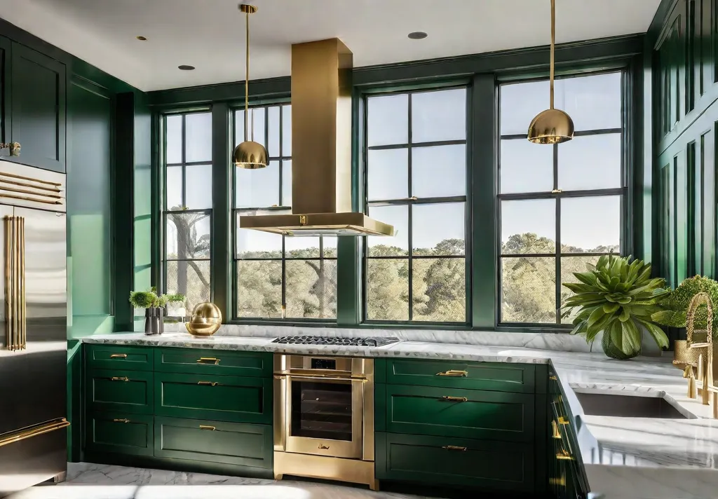 A modern kitchen bathed in natural light featuring emerald green cabinets goldfeat