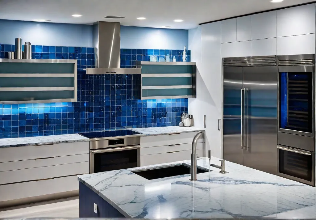A modern kitchen bathed in soothing blue hues featuring sleek cabinetry stainlessfeat