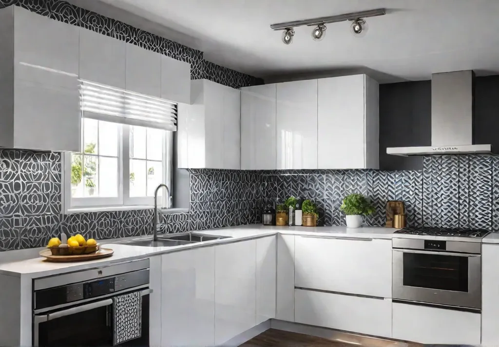 A modern kitchen featuring a bold geometric patterned wallpaper on a featurefeat
