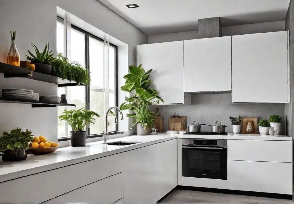 A modern kitchen featuring white cabinets sleek black hardware and open shelvingfeat