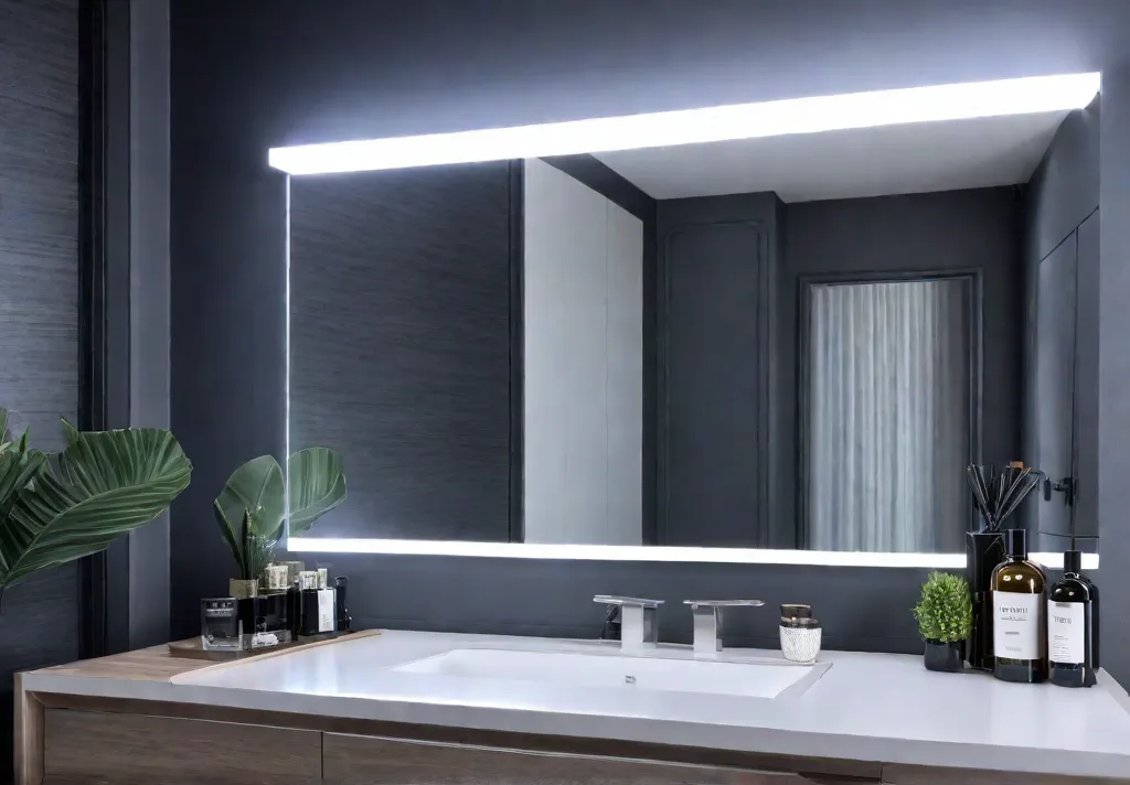 A modern vanity with a sleek white countertop illuminated by LED lightsfeat