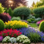 A picturesque backyard garden bathed in warm sunlight showcasing a vibrant mixfeat