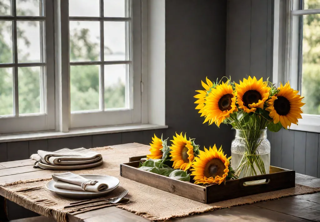 A rustic farmhouse kitchen table with a distressed wooden serving tray holdingfeat