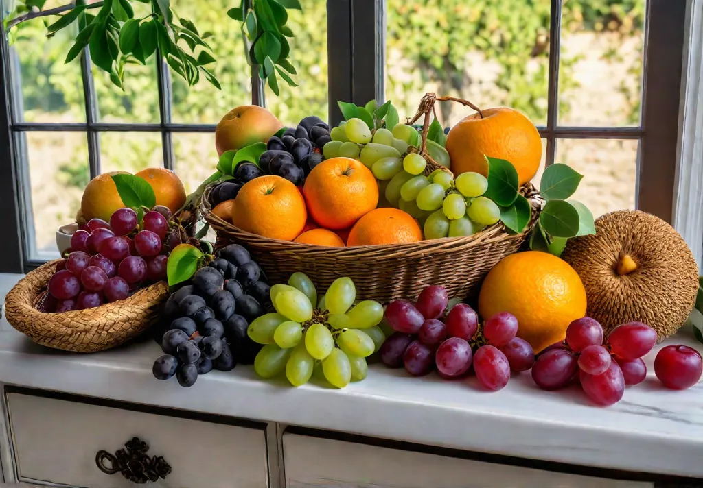 A rustic kitchen table with a centerpiece made entirely of fresh fruitsfeat