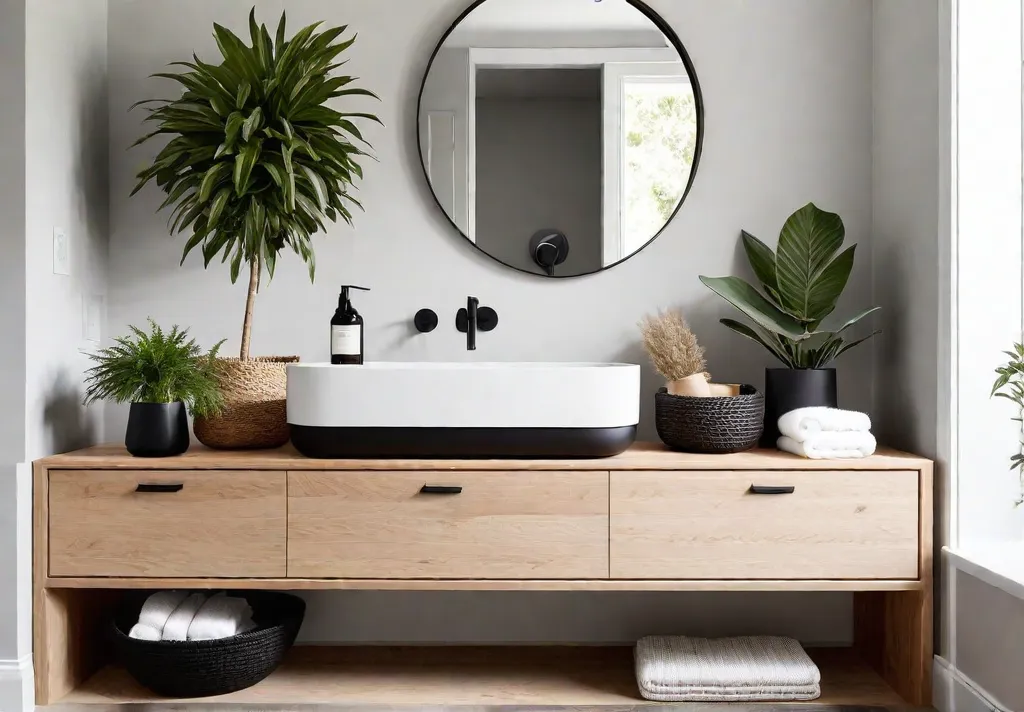 A serene Scandinavian bathroom bathed in natural light showcasing handcrafted wooden vanityfeat