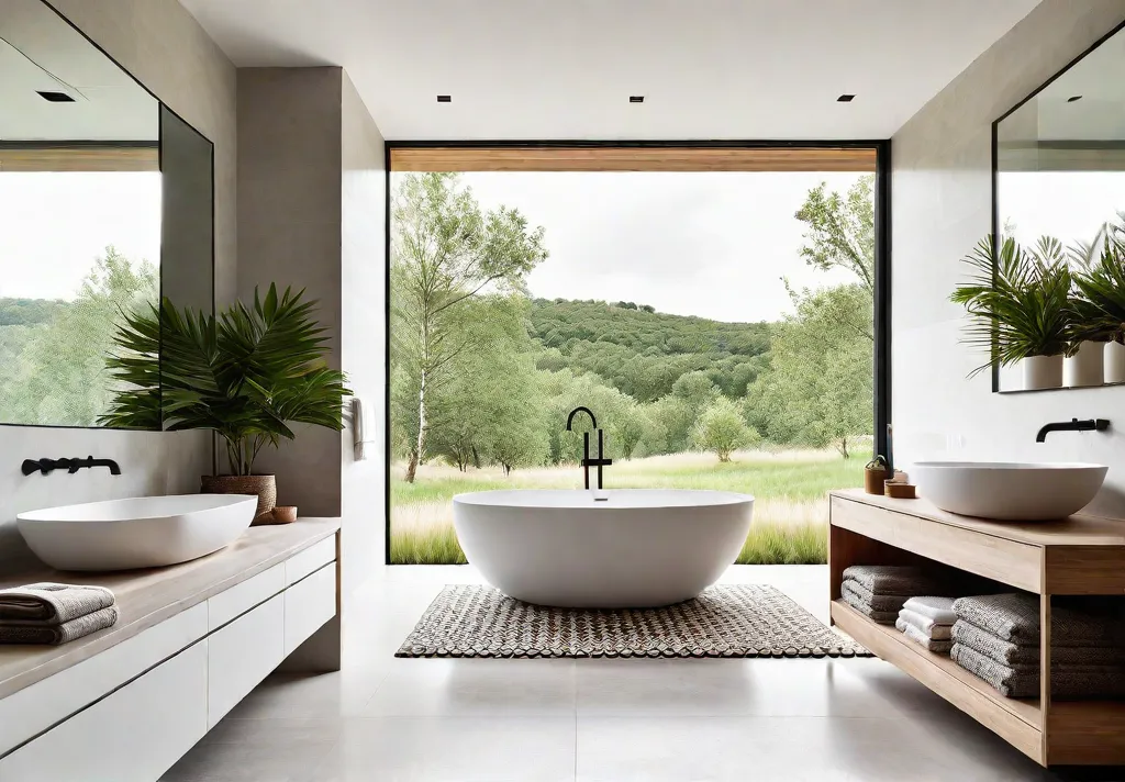 A serene Scandinavian bathroom bathed in natural light with a freestanding bathtubfeat