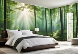 A serene bedroom with a calming forest mural spanning an entire wallfeat