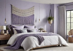 A serene bedroom with walls painted in a calming shade of lavenderfeat