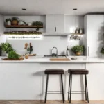 A small bright kitchen with wallmounted shelves holding herbs and spices afeat