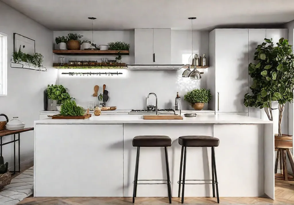 A small bright kitchen with wallmounted shelves holding herbs and spices afeat