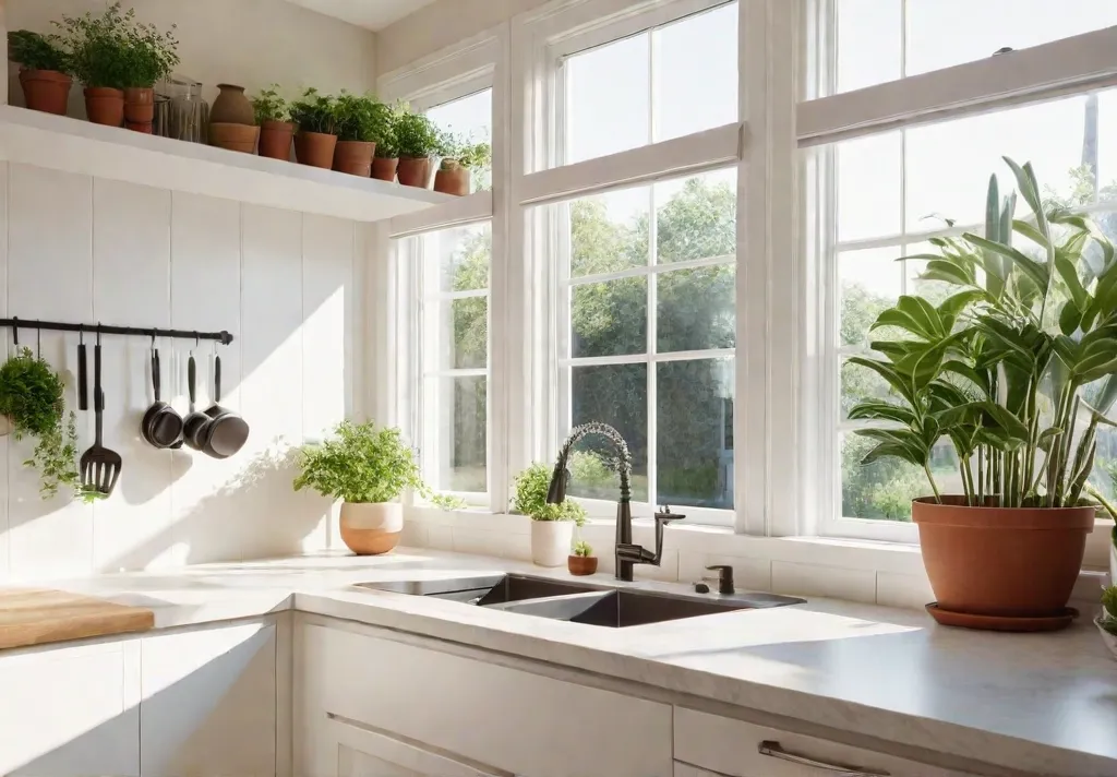 A small bright kitchen with white cabinets and light countertops Open shelvingfeat