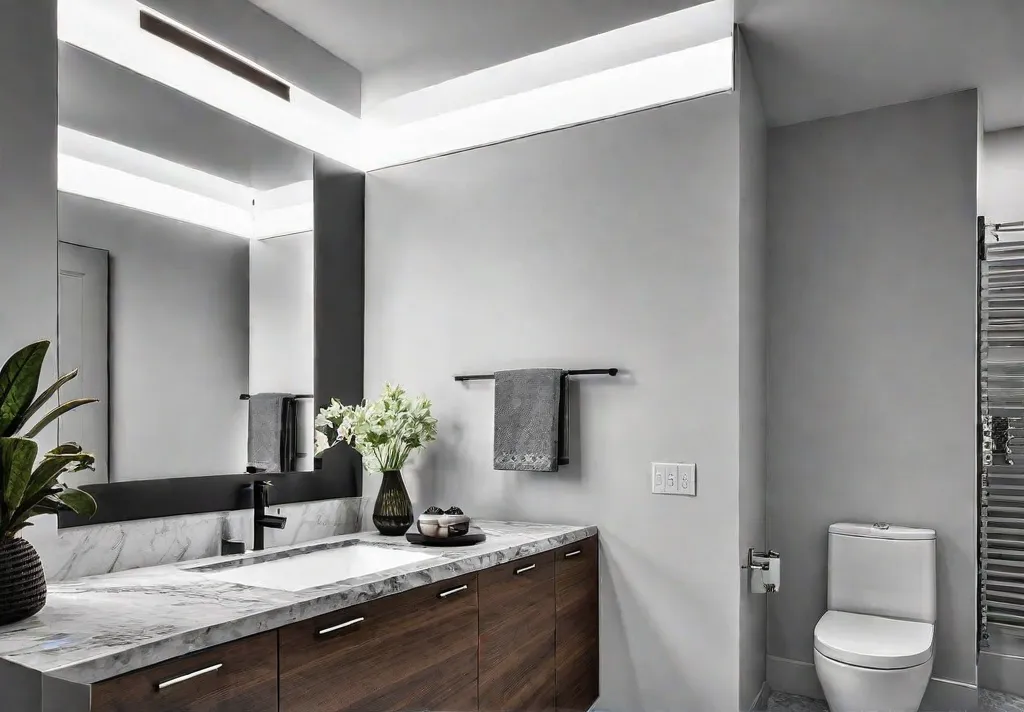 A small chic bathroom with a wallmounted vanity light fixture illuminating afeat
