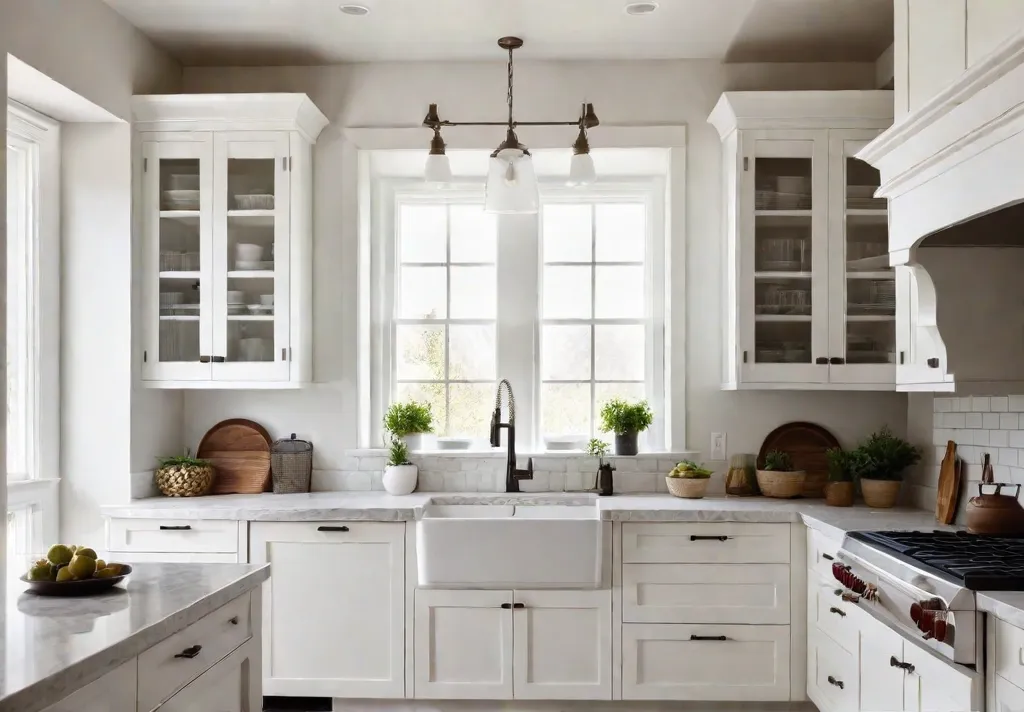 A small cozy kitchen with white shaker cabinets light countertops and afeat
