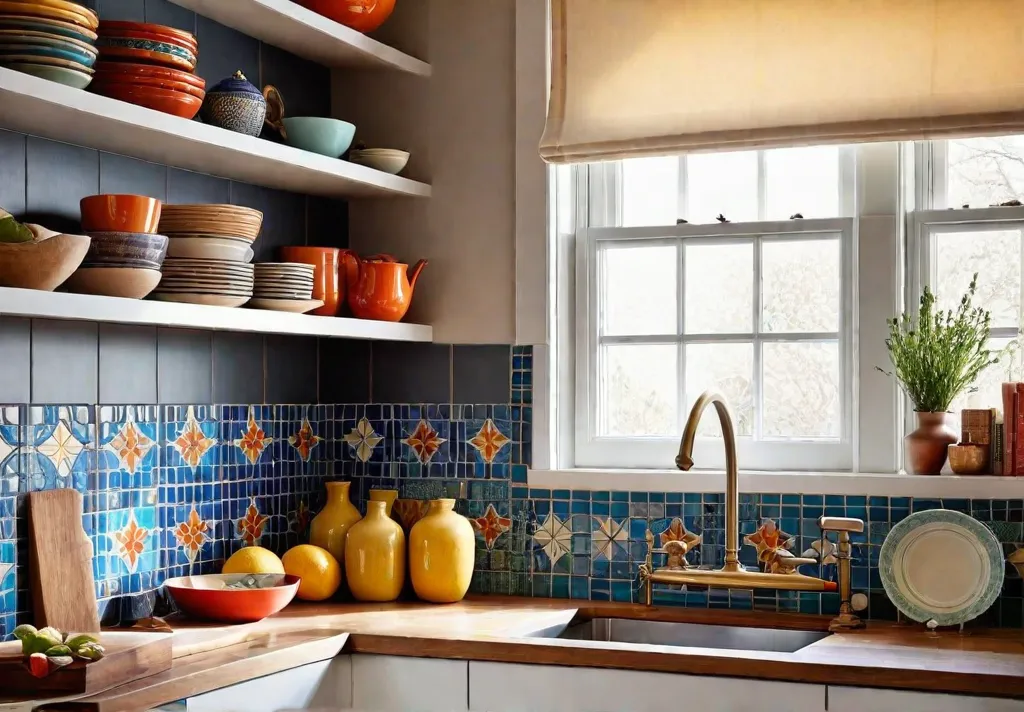 A small kitchen bathed in warm natural light Open shelves display colorfulfeat