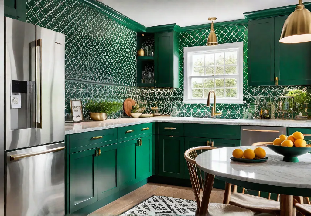 A small kitchen embraces vibrant emerald green cabinets paired with crisp whitefeat