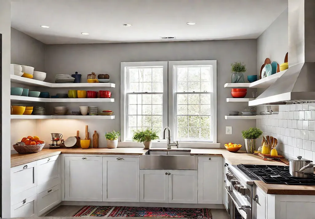 A small kitchen with white cabinets light gray walls and a largefeat