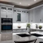 A small luxurious kitchen featuring compact highend appliances custom cabinetry quartz countertopsfeat