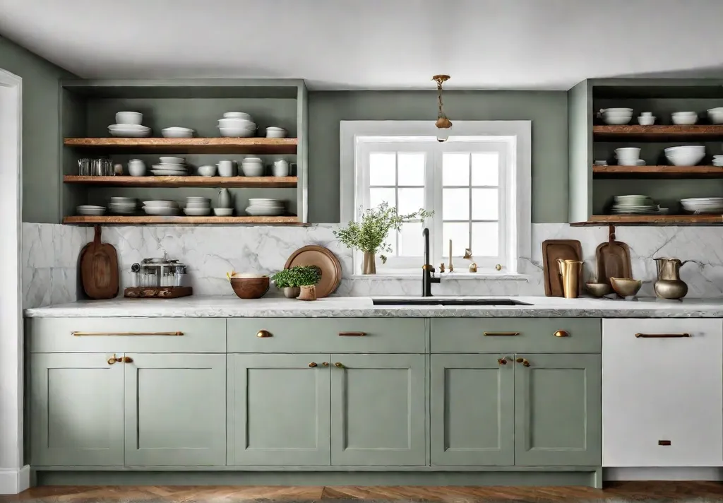 A sundrenched kitchen with shaker cabinets painted a soft sage green accentedfeat