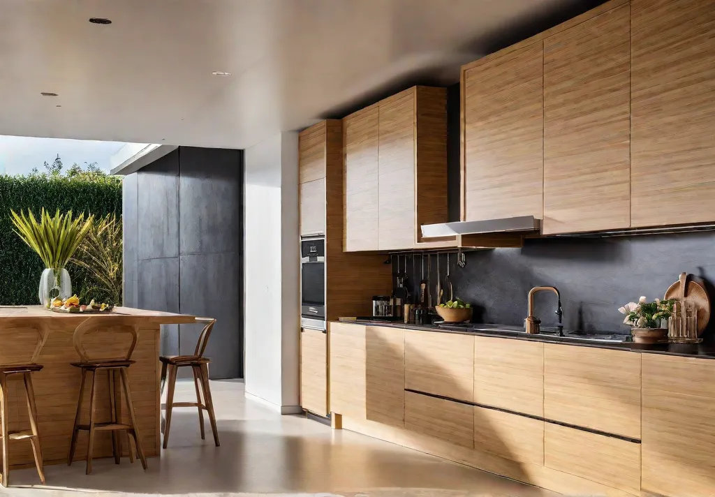 A sundrenched kitchen with sleek bamboo cabinets highlighting the natural beauty andfeat
