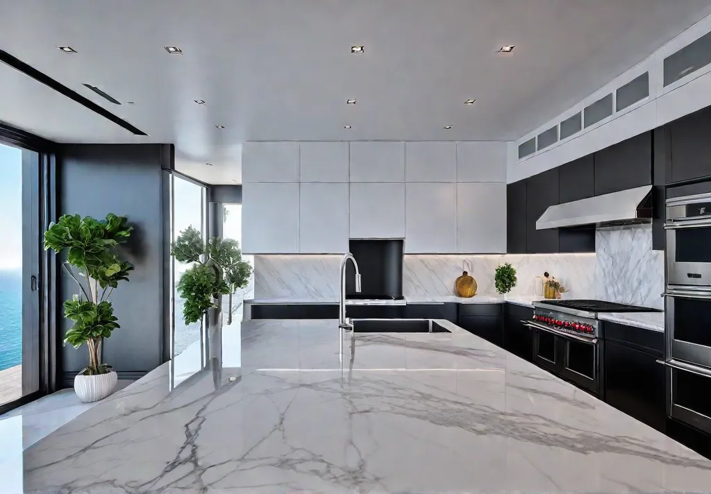 A sundrenched kitchen with sleek white cabinets and quartz countertops featuring afeat