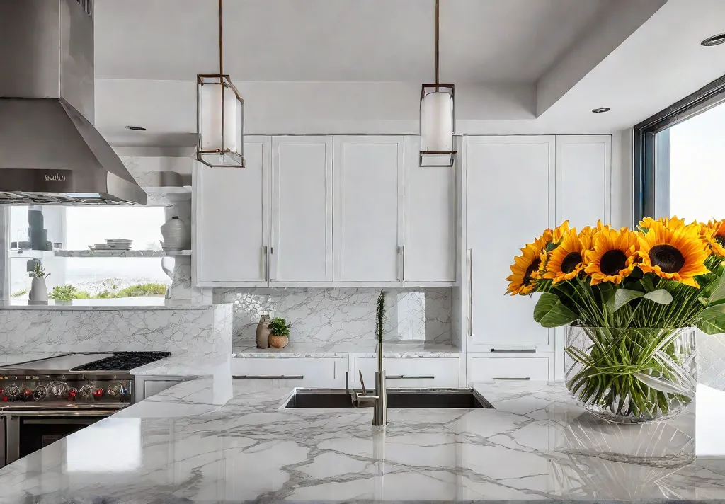 A sundrenched kitchen with white cabinets and quartz countertops that shimmer withfeat