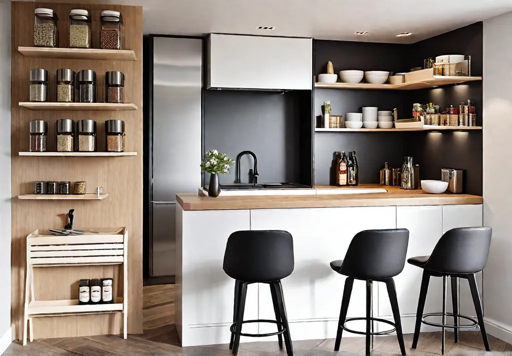 A tiny kitchen bathed in natural light featuring a foldable dining tablefeat