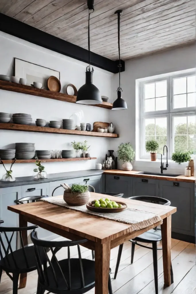 A Scandinavian kitchen bathed in sunlight showcasing natural materials and minimalist design