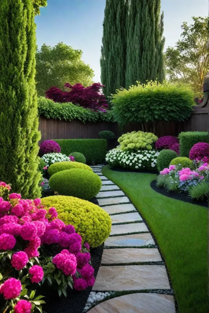 A backyard oasis featuring vibrant flowering shrubs as focal points