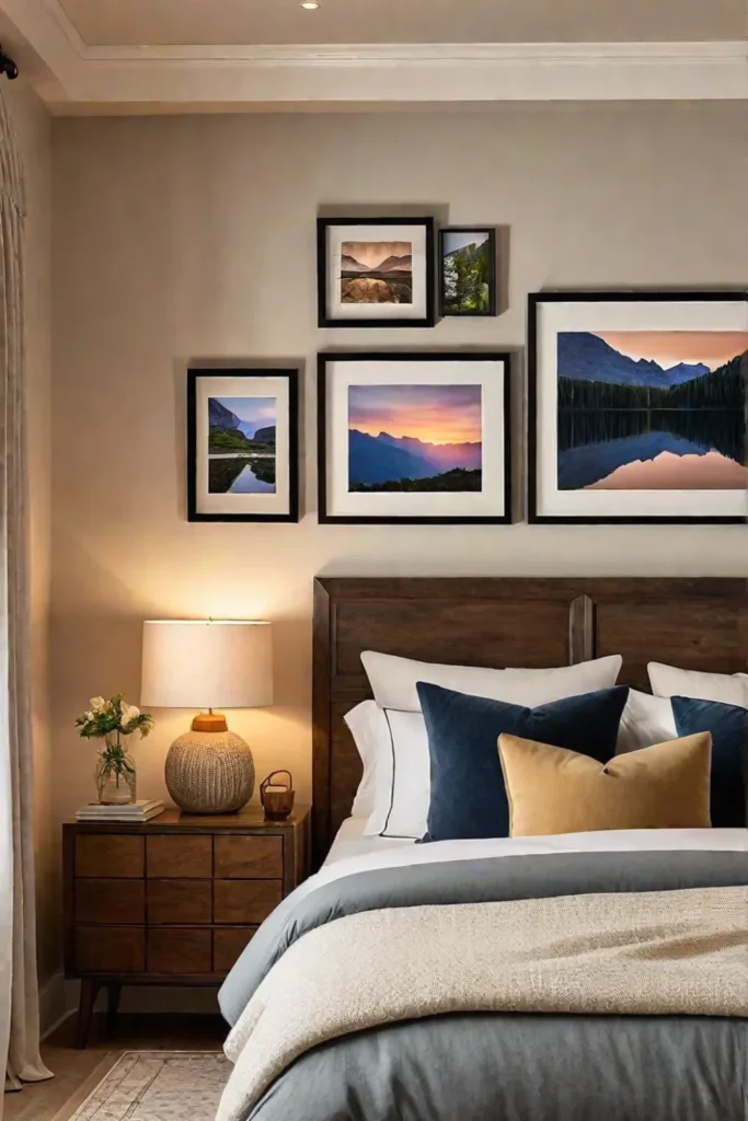 A bedroom gallery wall with landscape art and family photos